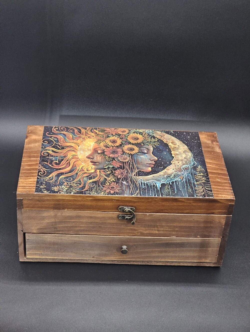 Artisan Upcycled Celestial Sun & Moon Wooden Jewelry / Crystal / Trinket Box
